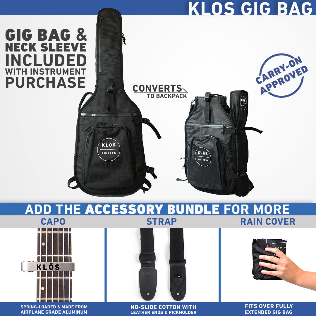 Gig bag convert to backpack. Carry on approved. Add the accessory bundle for more value. 