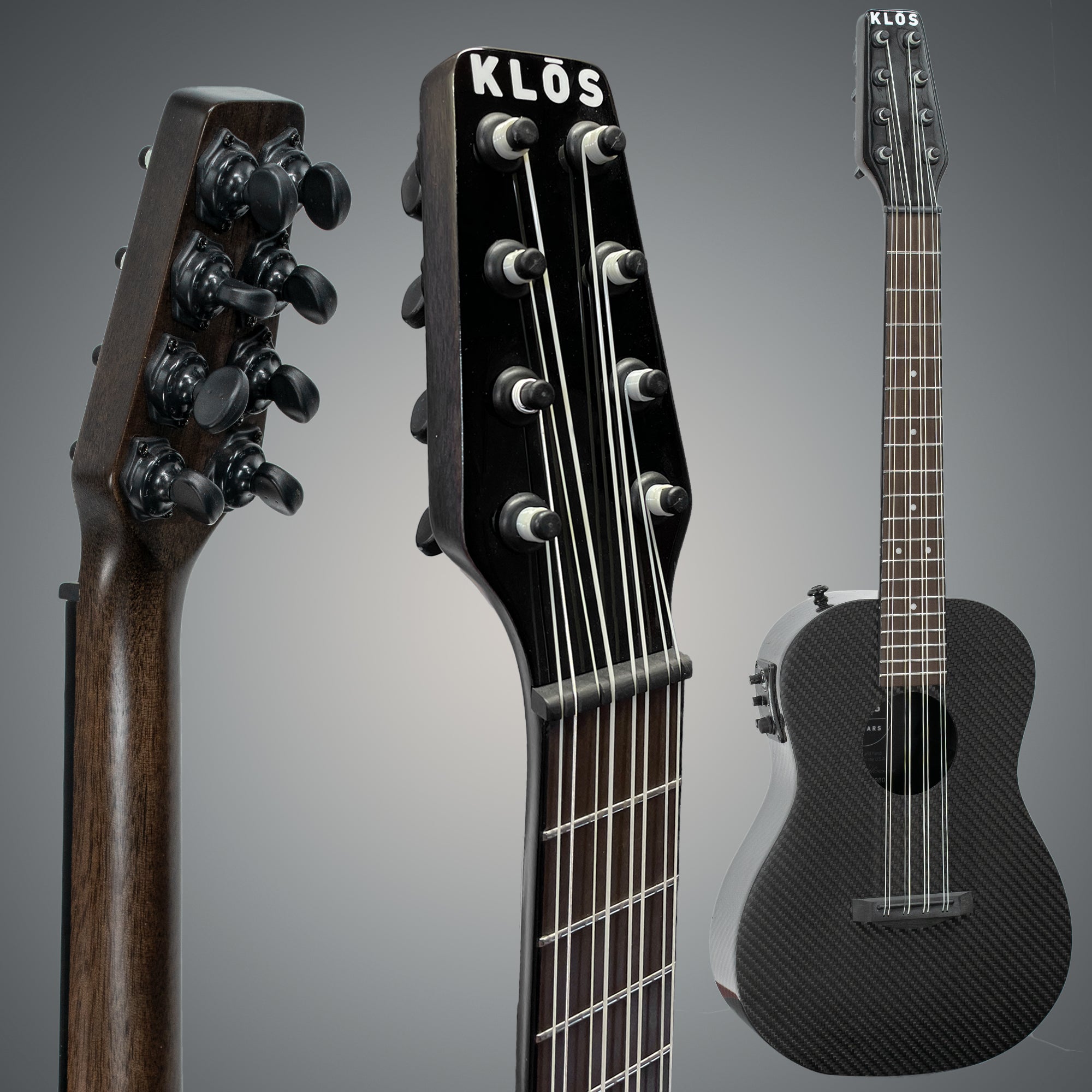 A look at the KLŌS 8-string ukulele next to two close ups of the ukulele's neck