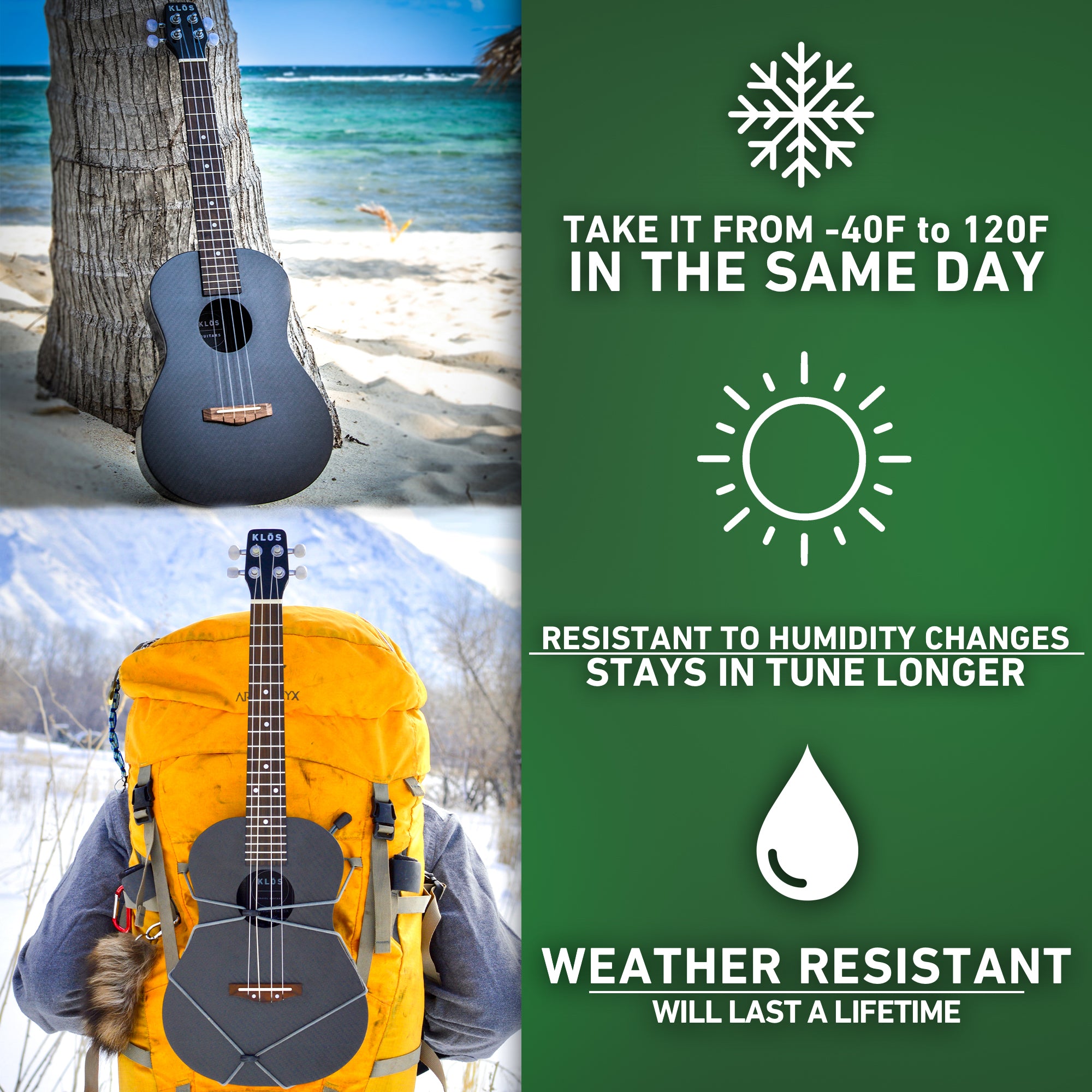 The ukulele body is 100% carbon fiber, making it resistant to temperature and humidity changes. 