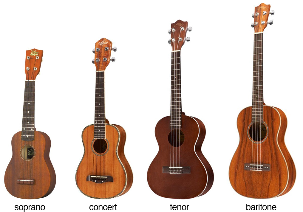 soprano, concert, tenor, and baritone ukuleles lined up image from UKU Universe