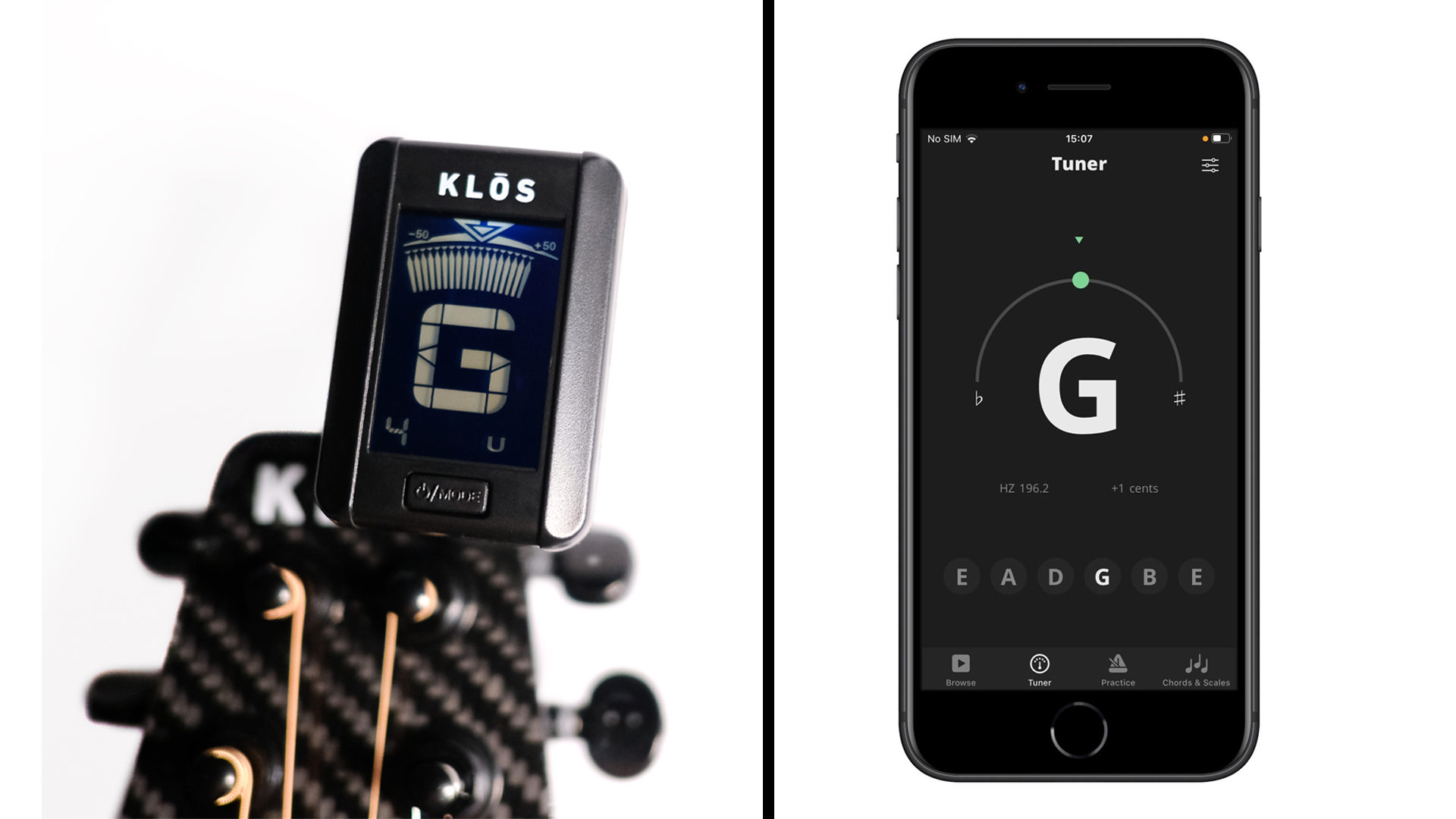 CLIP-ON TUNER ON A HEADSTOCK NEXT TO A PHONE TUNING APP app image from GuitarApp