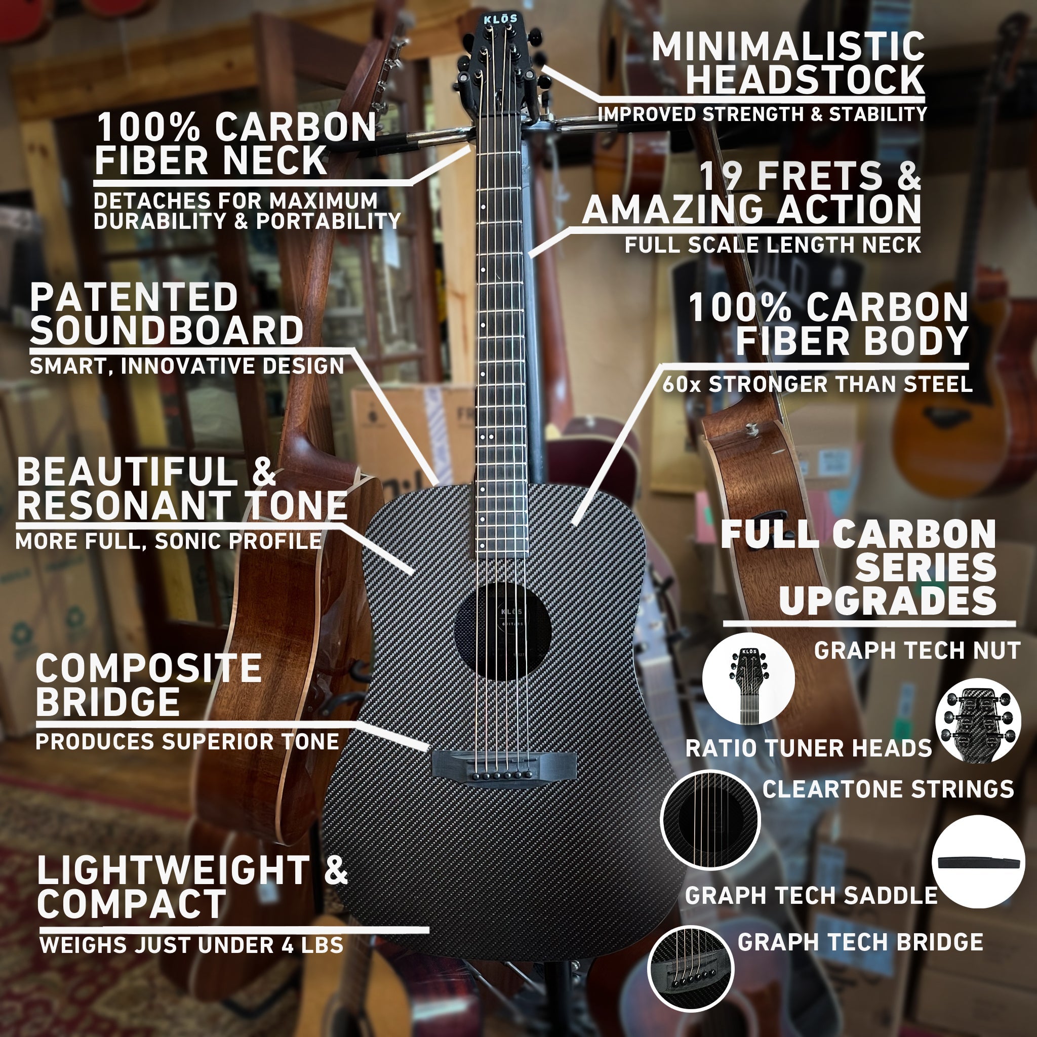 Loaded with features, the KLOS Full Carbon Full Size guitar will meet your needs wherever they are. 