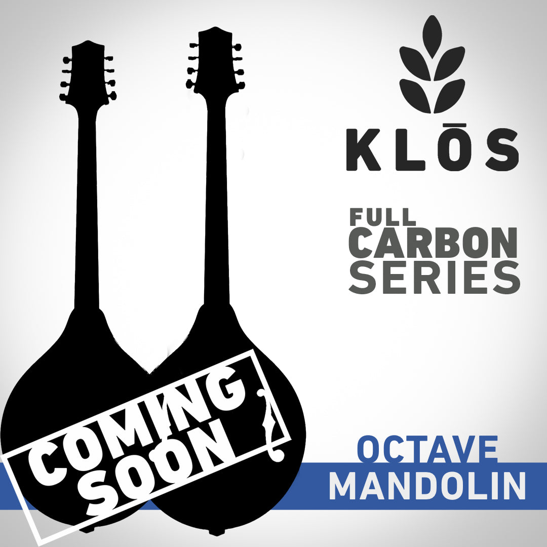 Promotional graphic for a coming-soon listing featuring black silhouettes of two octave mandolins on a light gray background, with the KLÖS Full Carbon Series branding and a blue banner reading Octave Mandolin. A large diagonal 'COMING SOON' stamp overlays the mandolins.