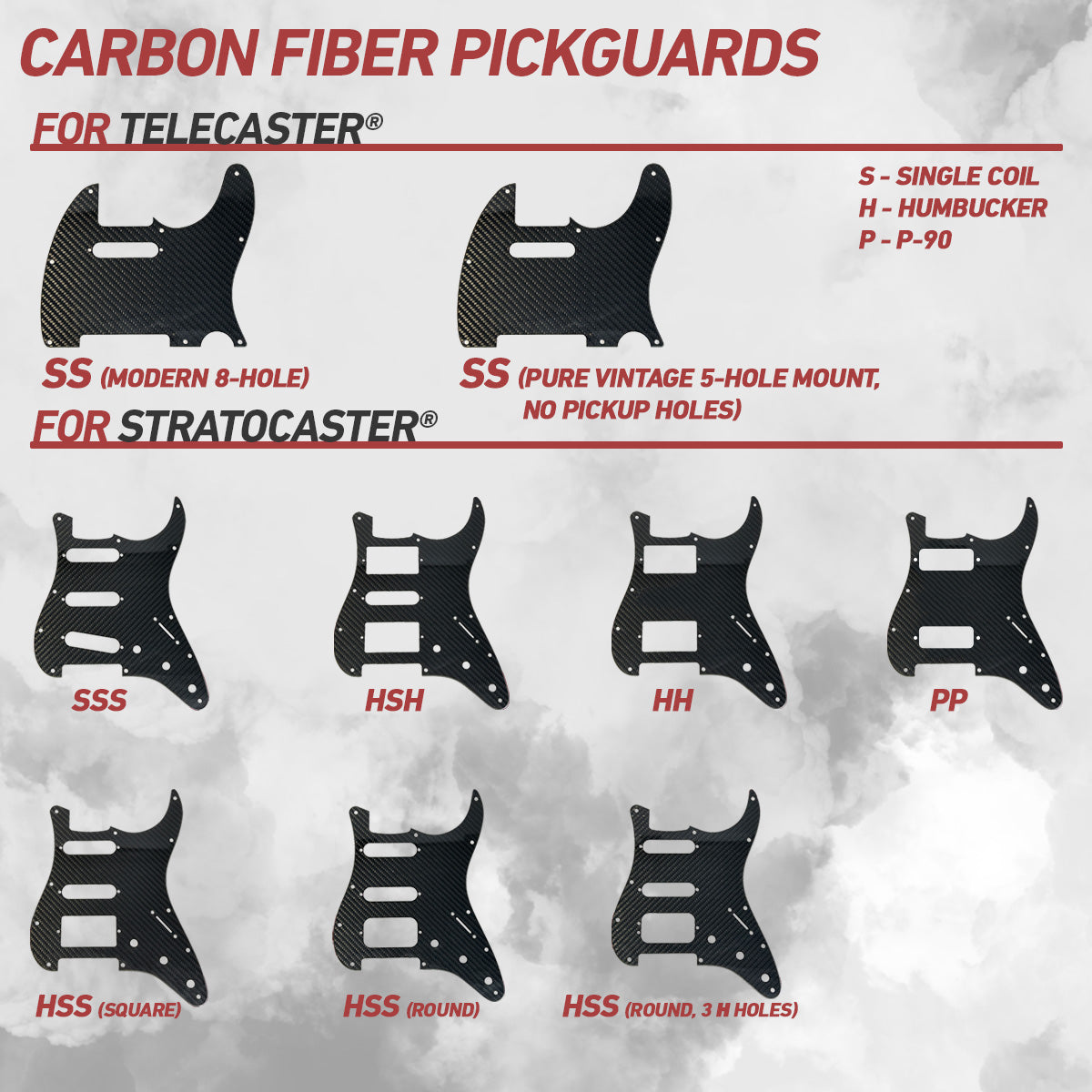 Graphic of the several different carbon fiber pickguard options