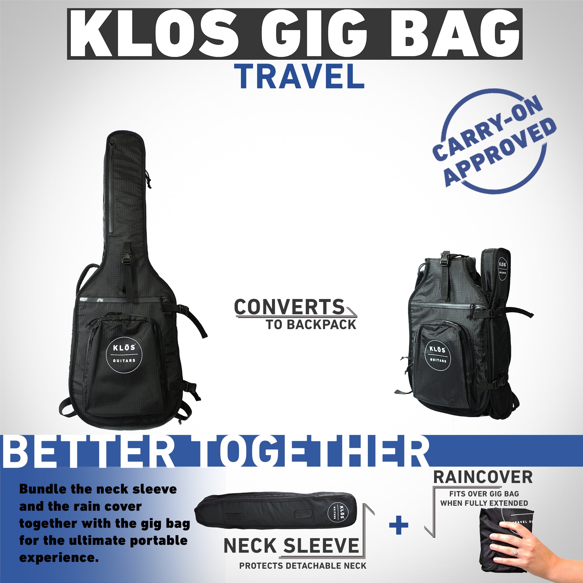 KLŌS Travel gig bag converts into a back pack. Carry on approved. Bundle with a neck sleeve and rain cover