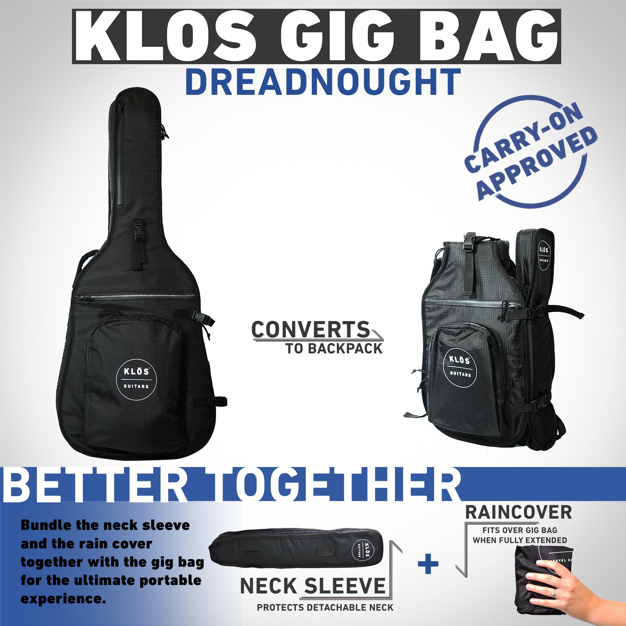KLŌS Full Size gig bag converts into a back pack. Carry on approved. Bundle with a neck sleeve and rain cover