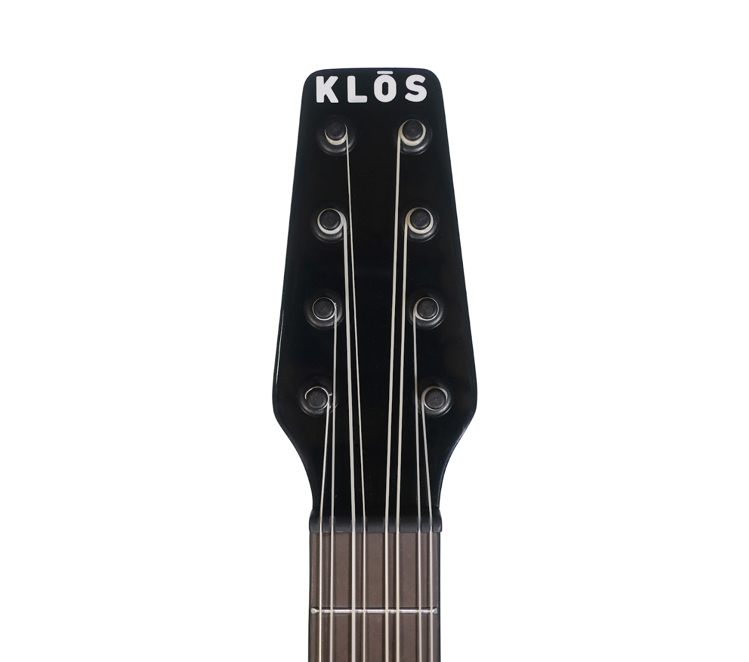 A front look at the 8-string headstock, showing the strings and tuning pegs 