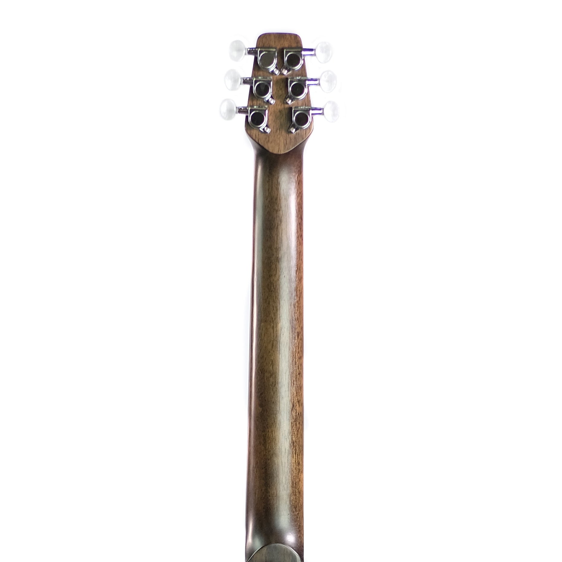 The back view of a carbon fiber acoustic guitar with a dark brown neck and white tuning pegs, isolated on a white background.