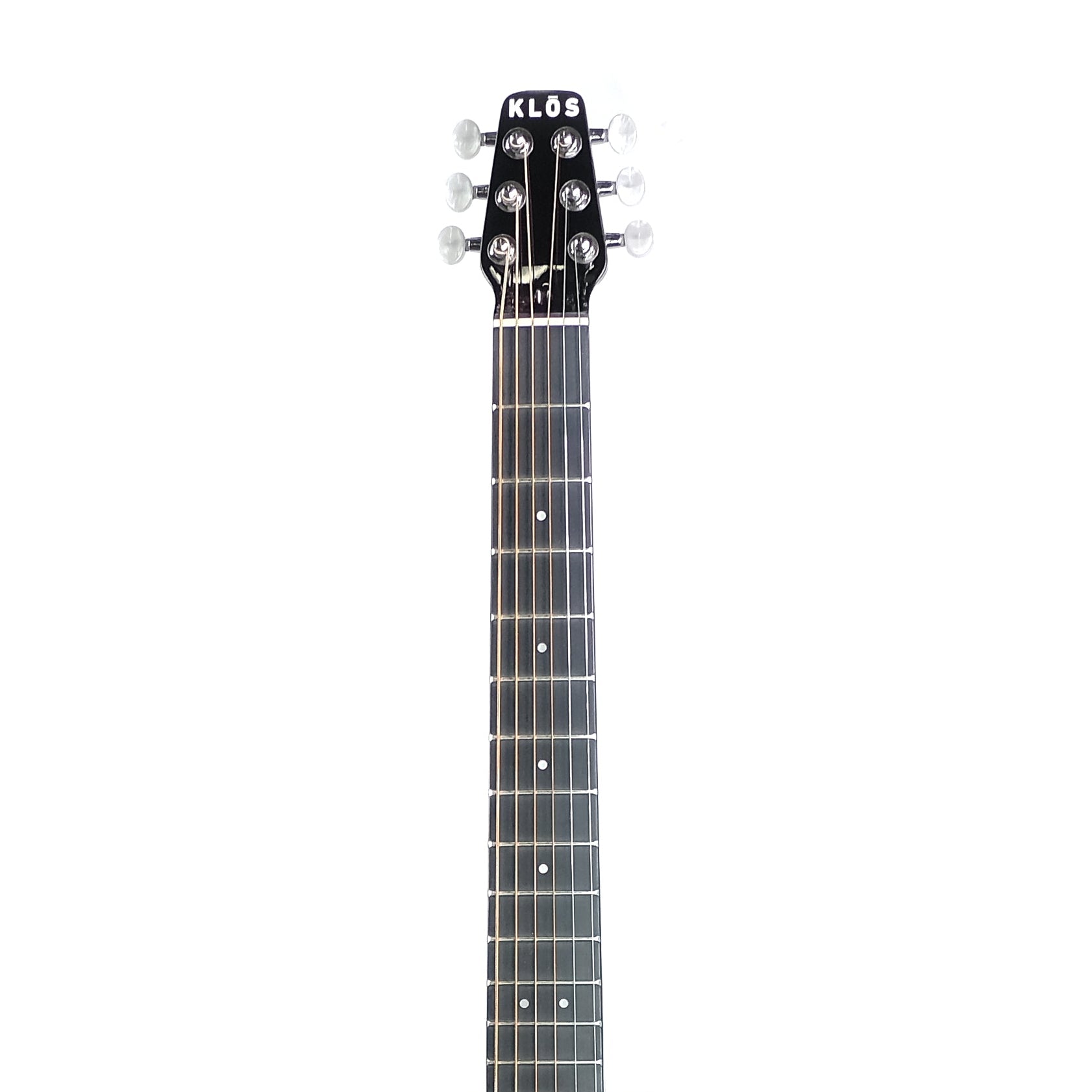 A carbon fiber acoustic guitar with a black body, dark neck, and silver tuning keys, shown against a plain white background.