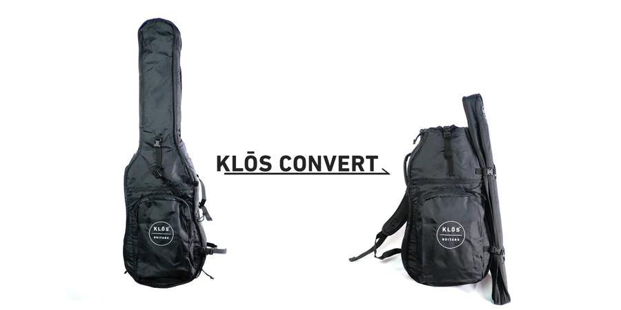 Simple graphic showing the KLŌS gigbag converting into a backpack 